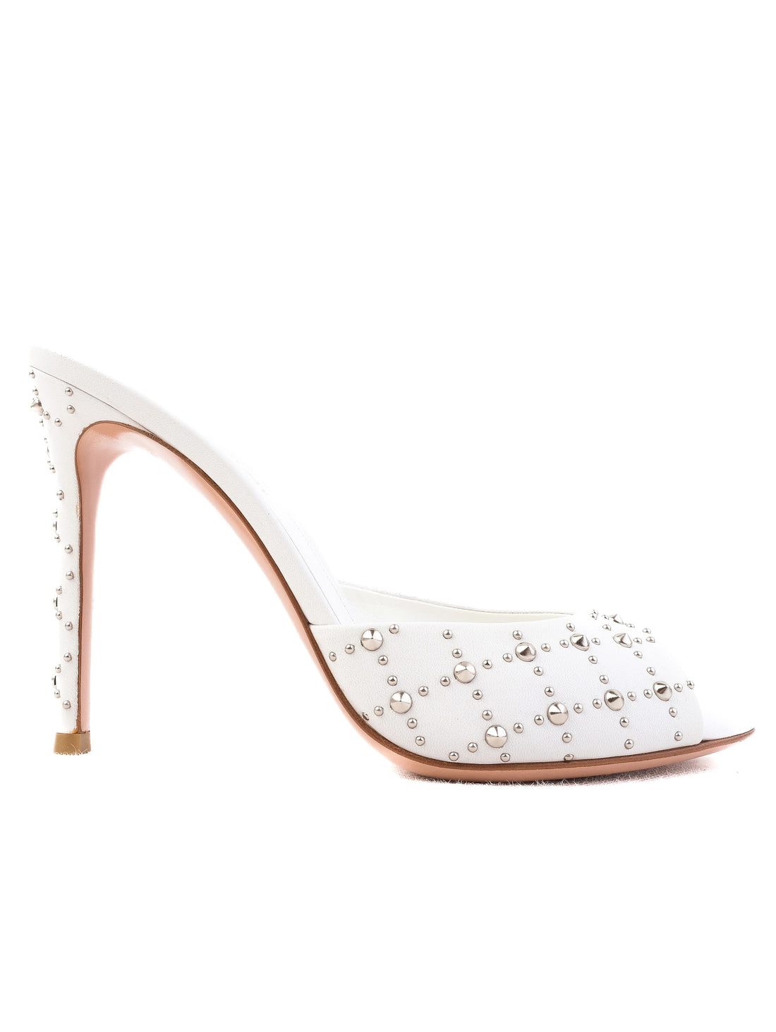 NEW Gianvito Rossi White Leather Stiletto Mules with Metallic Studs Size 38.5