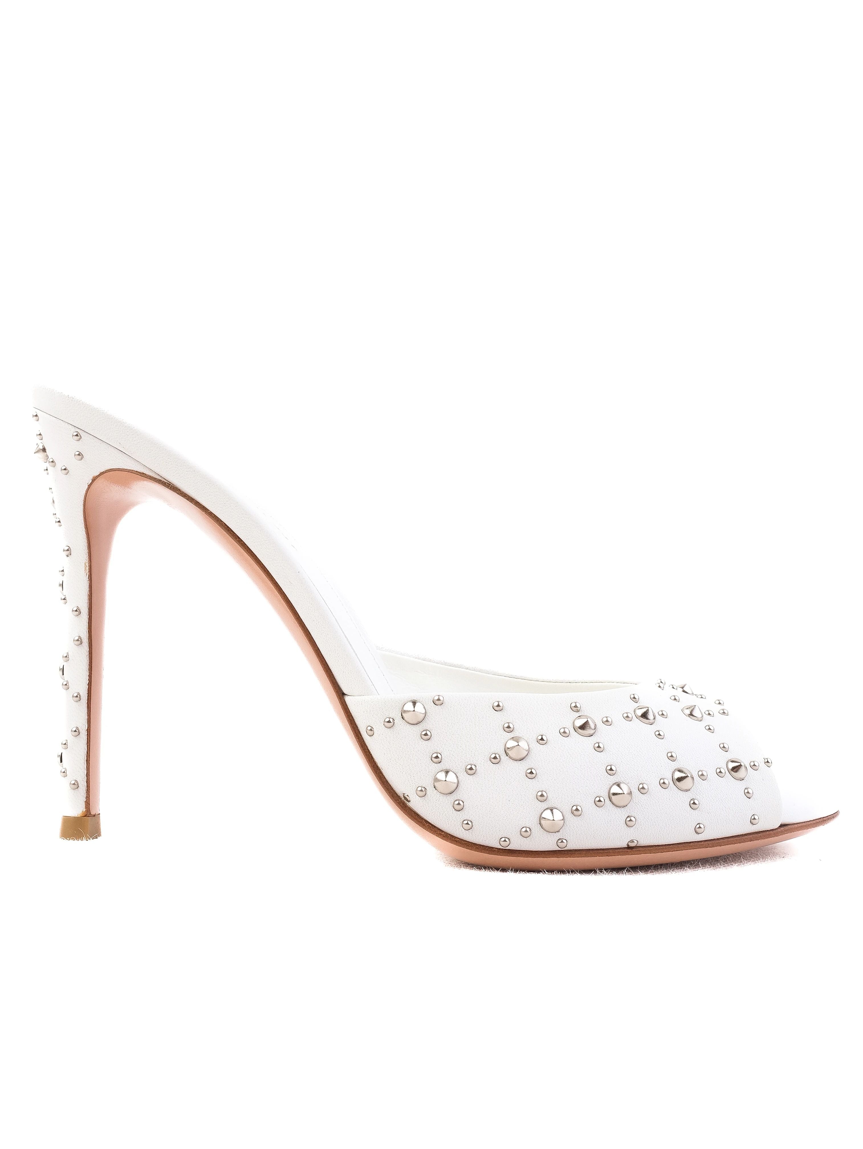 NEW Gianvito Rossi White Leather Stiletto Mules with Metallic Studs Size 38.5