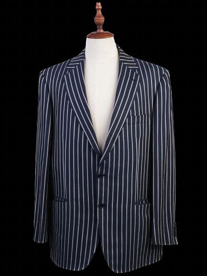Excellent BRIONI Blue Silk Jacket with White Stripes Size XXL