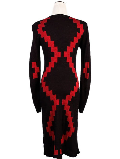 Excellent Diane von Furstenberg Black Wool Dress XS with Red Zigzag Pattern