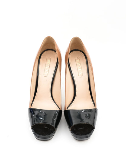 Excellent Prada Peep-Toe Pumps Black Brown Lacquer Size 40.5