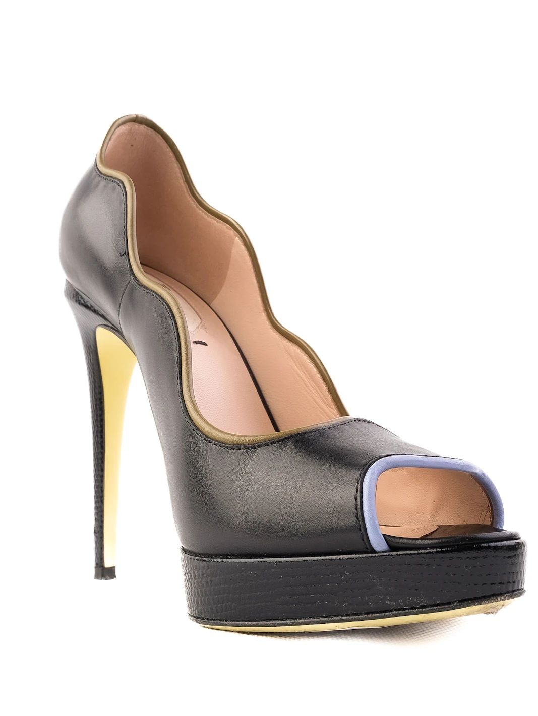 Fendi Black Leather High-Heeled Peep-Toe Shoes Size 37.5