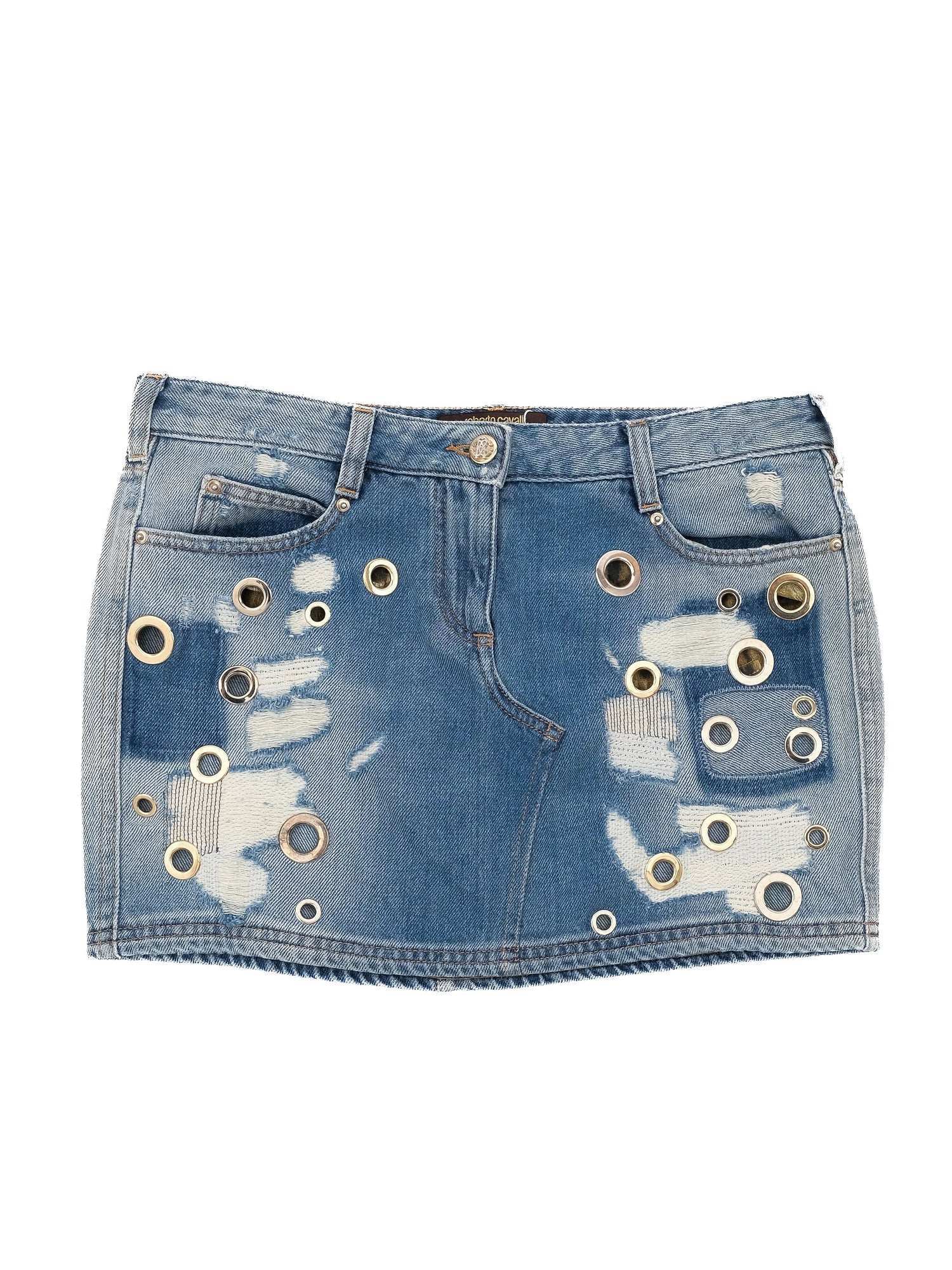 Roberto Cavalli Blue Cotton Denim Skirt with Distressed Design Size M