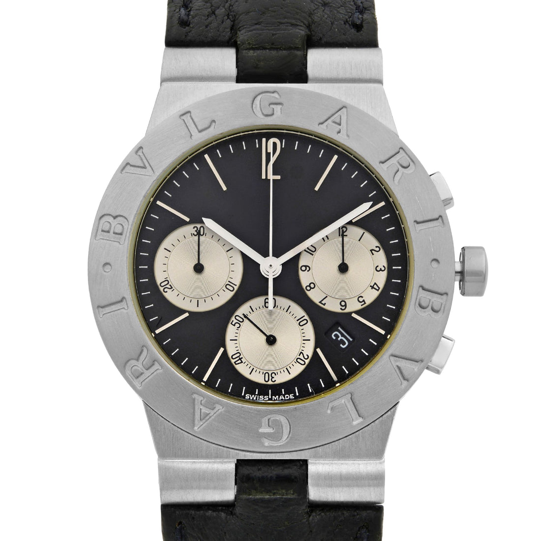 Bvlgari Diagono 18k White Gold Black Dial Quartz Unisex Watch CHW35G