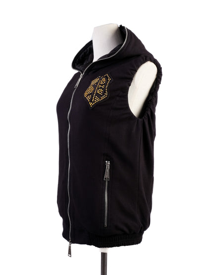 Excellent Phillipp Plein Black Sleeveless Hoodie with Embellished Crest