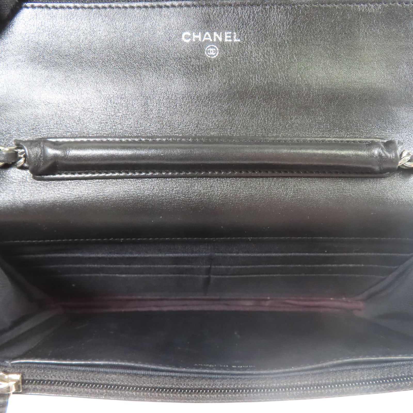 Chanel Black Lacquered Leather Woc Wallet On Chain Silver Cross Shoulder Back Bag Enamel