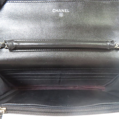 Chanel Black Lacquered Leather Woc Wallet On Chain Silver Cross Shoulder Back Bag Enamel
