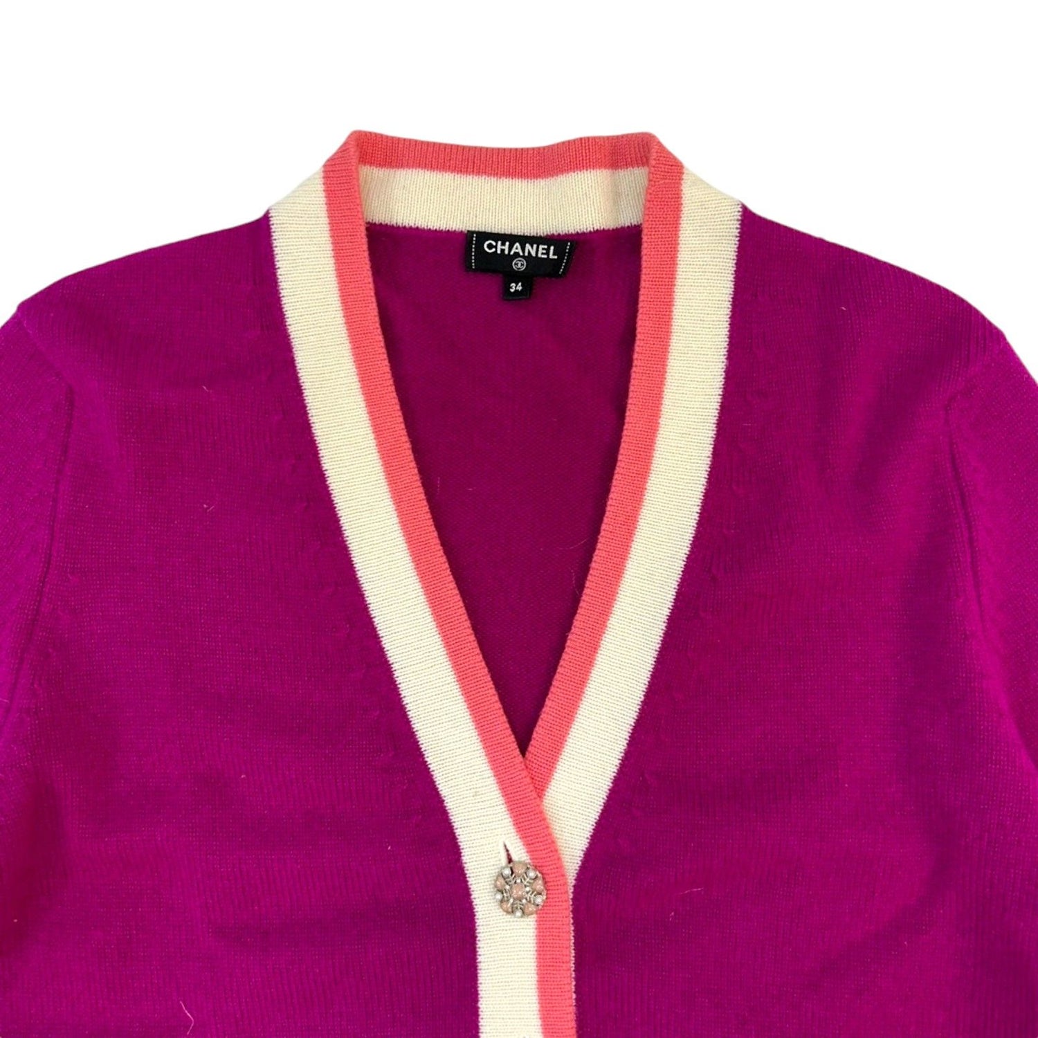 Chanel Cashmere Cardigan Purple White Pink 34