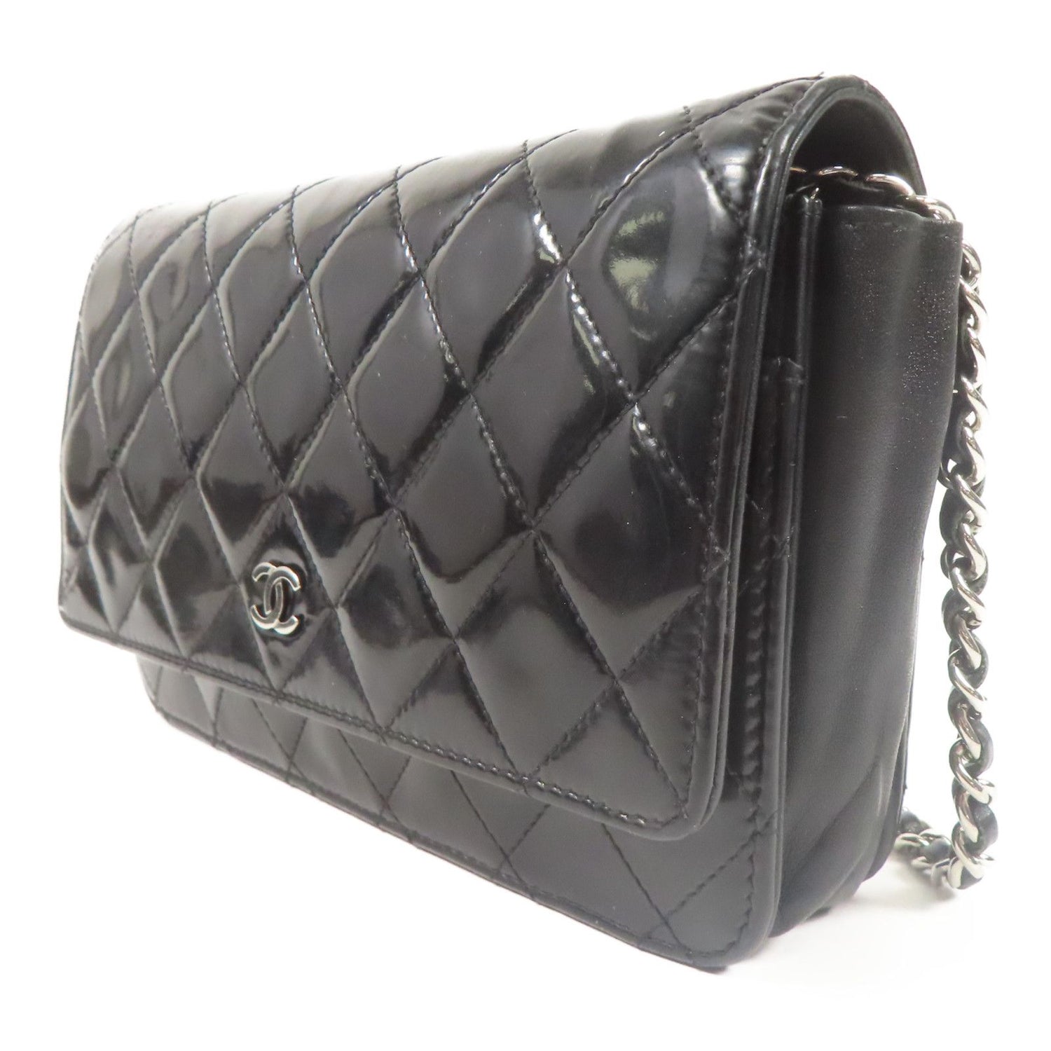 Chanel Black Lacquered Leather Woc Wallet On Chain Silver Cross Shoulder Back Bag Enamel