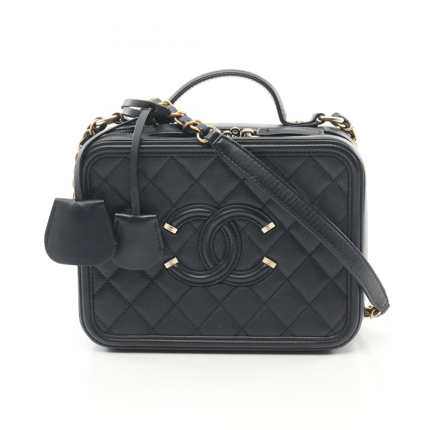 Chanel Navy Cc Filigree Matelasse Shoulder Bag Leather Grained Calfskin
