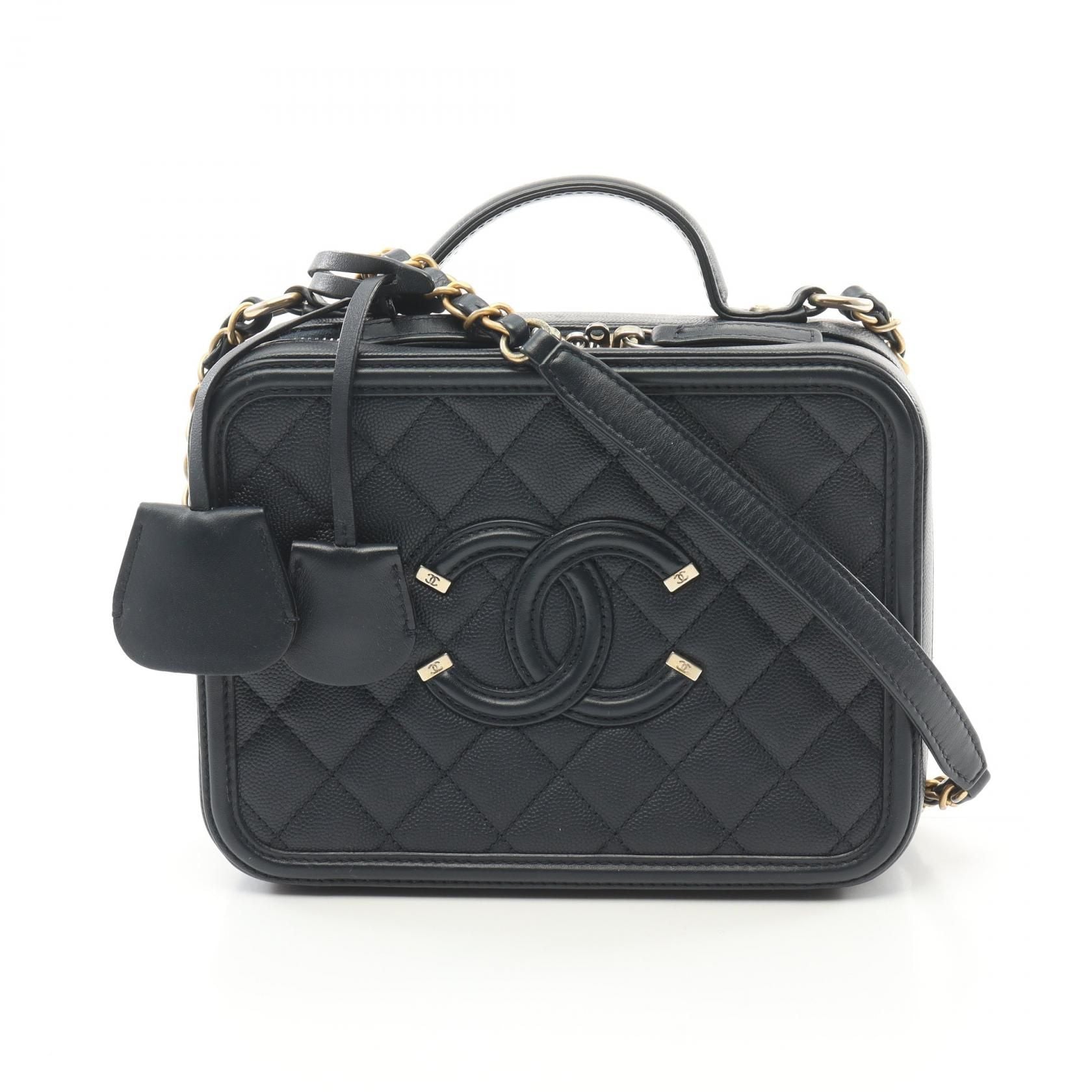Chanel Navy Cc Filigree Matelasse Shoulder Bag Leather Grained Calfskin