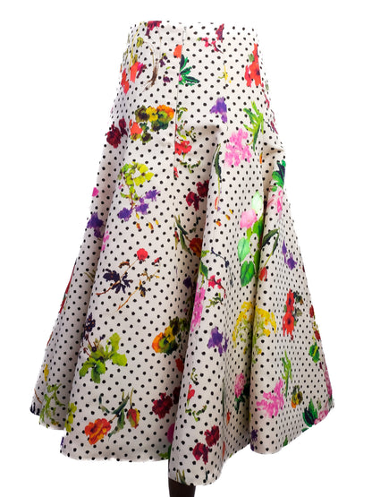 Excellent Oscar de la Renta Silk Floral Polka Dot Skirt Size S