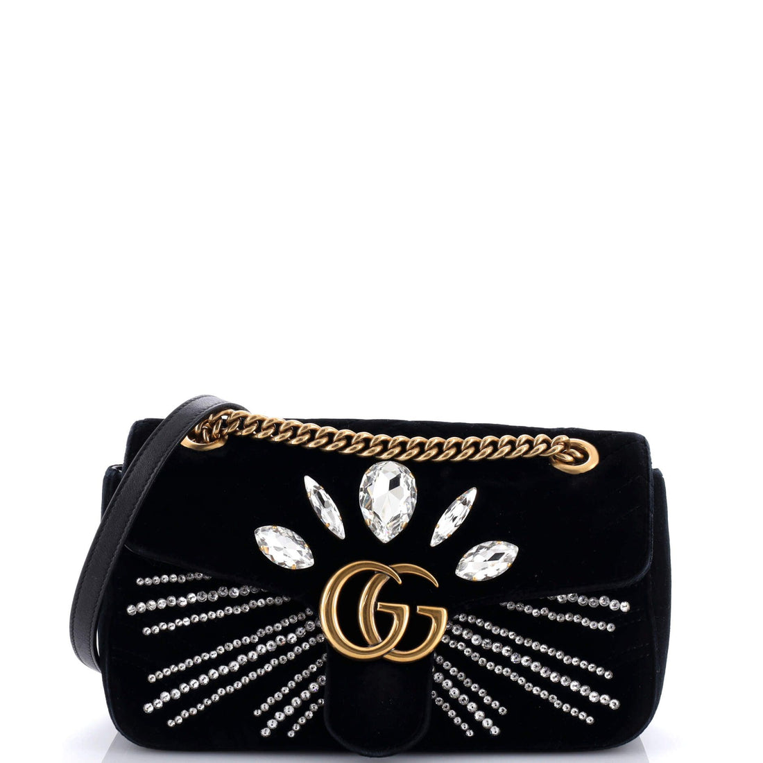 Gucci GG Marmont Flap Bag Crystal Embellished Matelasse Velvet Medium