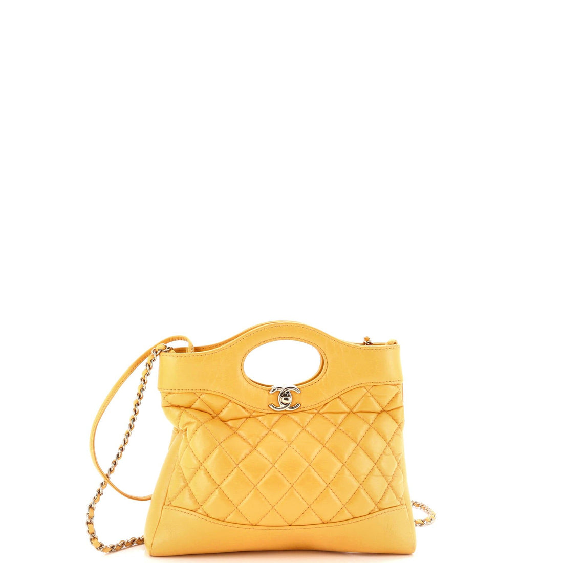 Chanel Yellow Shopping Bag Clutch With Chain Quilted Shiny Lambskin Small
