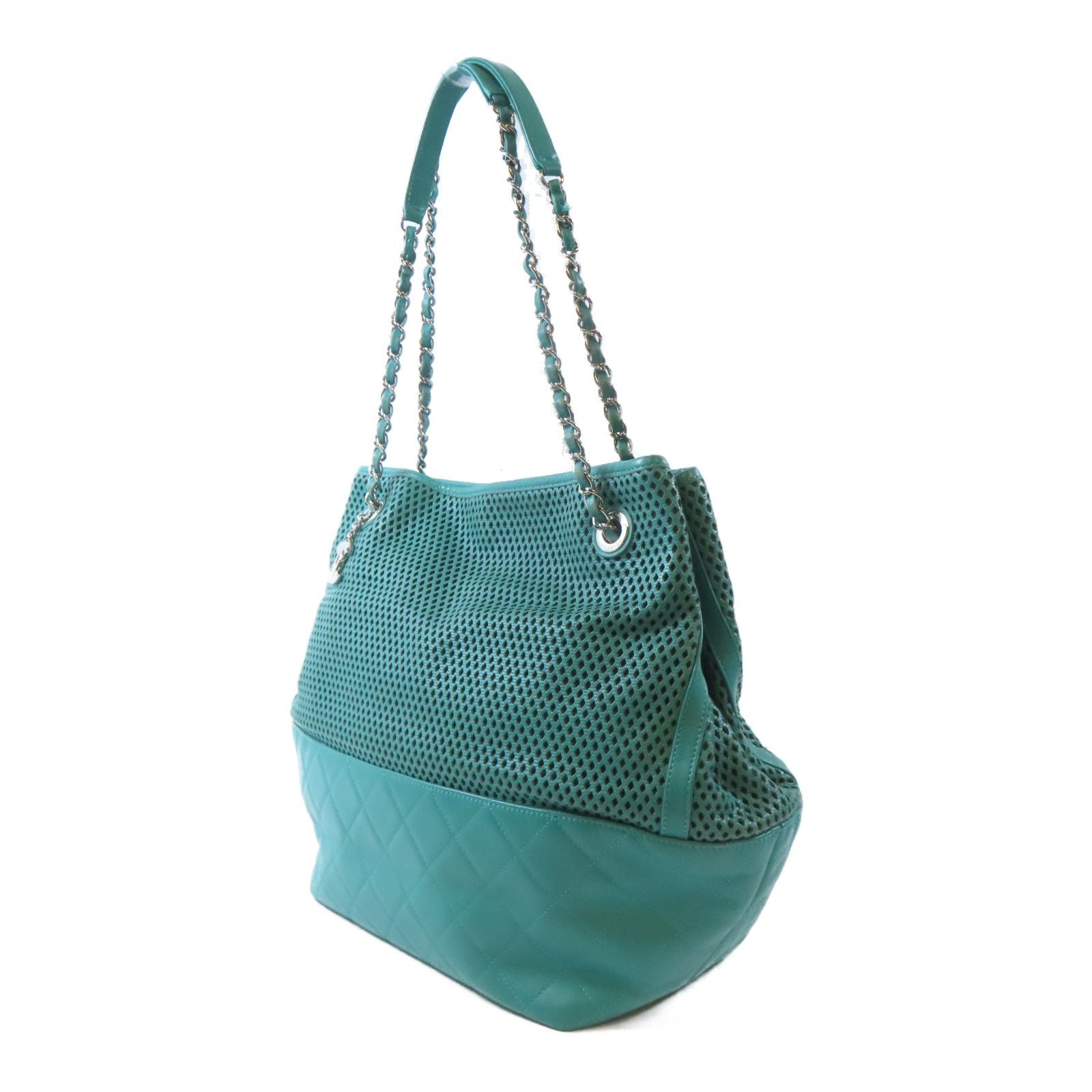 Chanel Green Diamond-shaped Sheepskin Leather Chain Shoulder Bag Silver Cross Shoulder Back