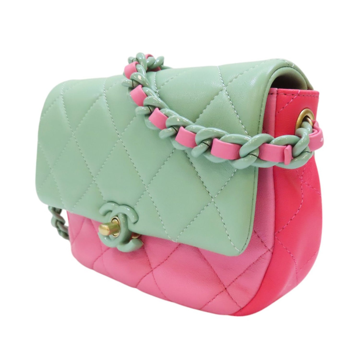 Chanel Tri-color Mini Flap Shoulder Bag Green Pink Multicolor Calfskin