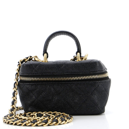 Chanel Top Handle Zip Around Vanity Case With Chain Quilted Caviar Mini