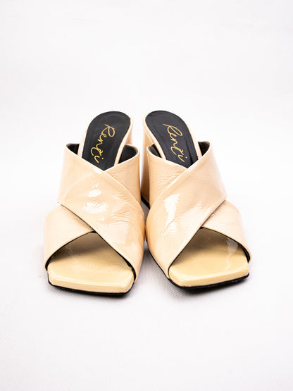 Excellent R&amp;Renzi White Leather Mules with High Block Heel