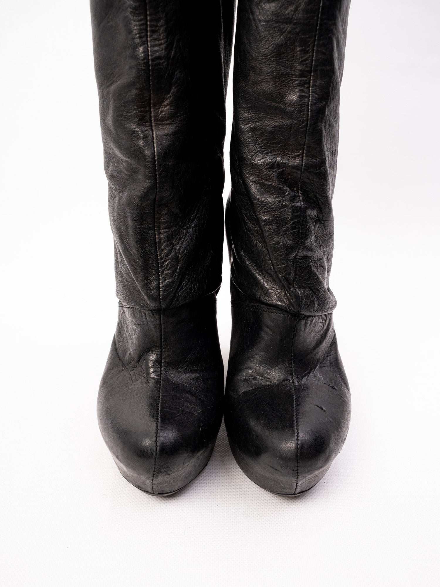 Perfect Vic Matie Black Leather High-Heeled Wedge Knee-High Boots Size 37