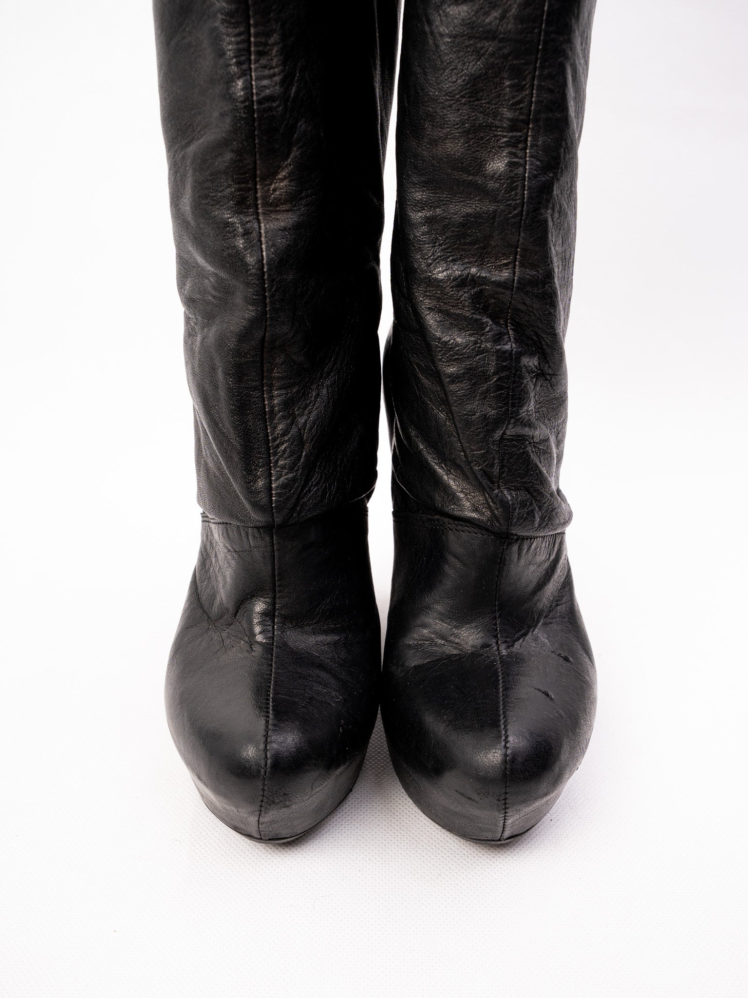 Perfect Vic Matie Black Leather High-Heeled Wedge Knee-High Boots Size 37