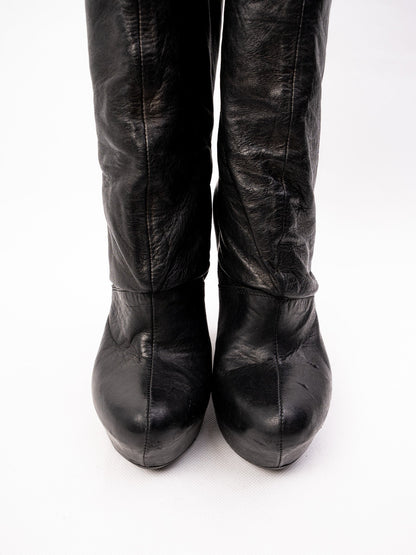 Perfect Vic Matie Black Leather High-Heeled Wedge Knee-High Boots Size 37