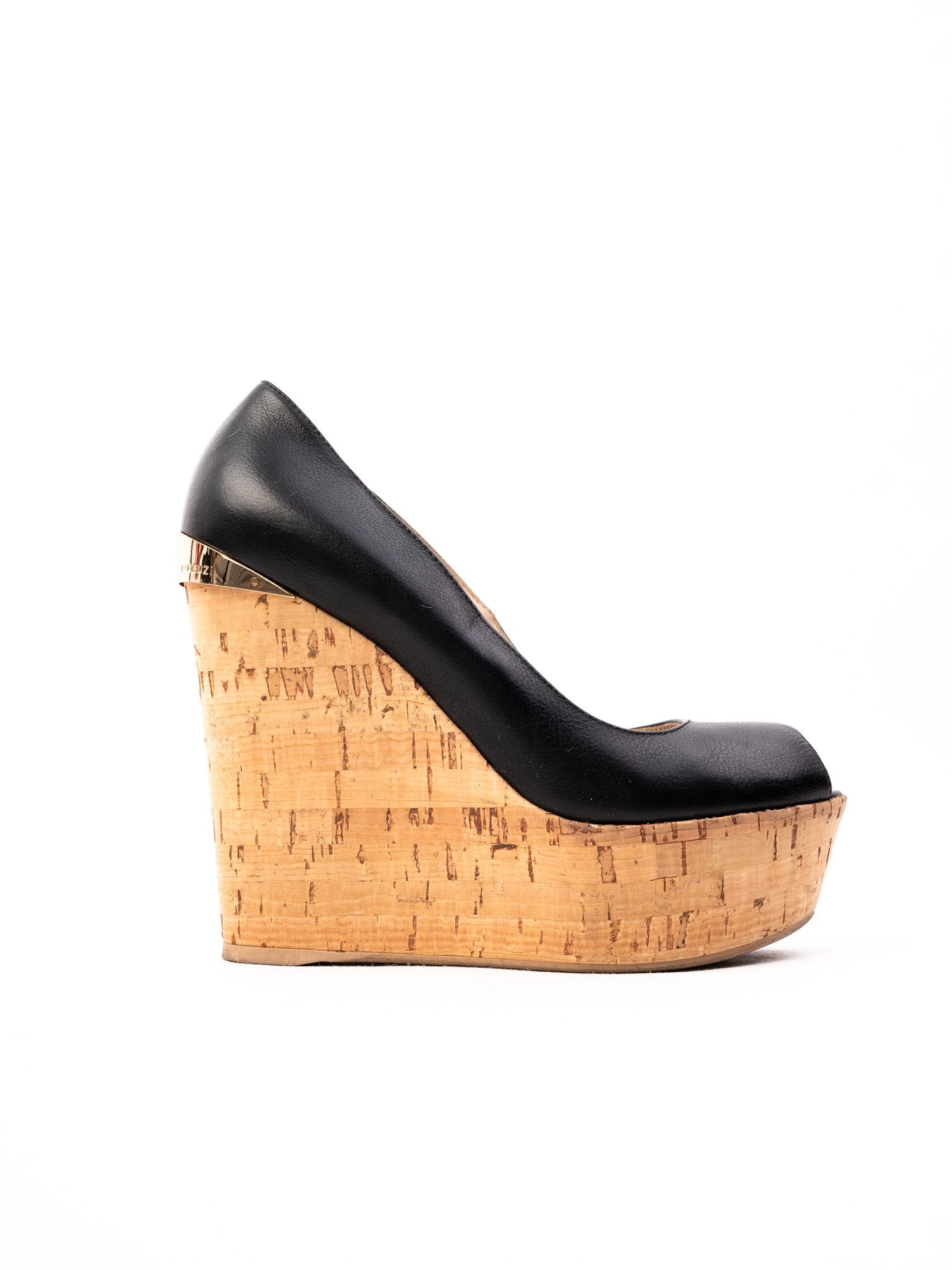 Excellent R&amp;Renzi Black Leather Wedge Shoes Size 36 with Cork Heels
