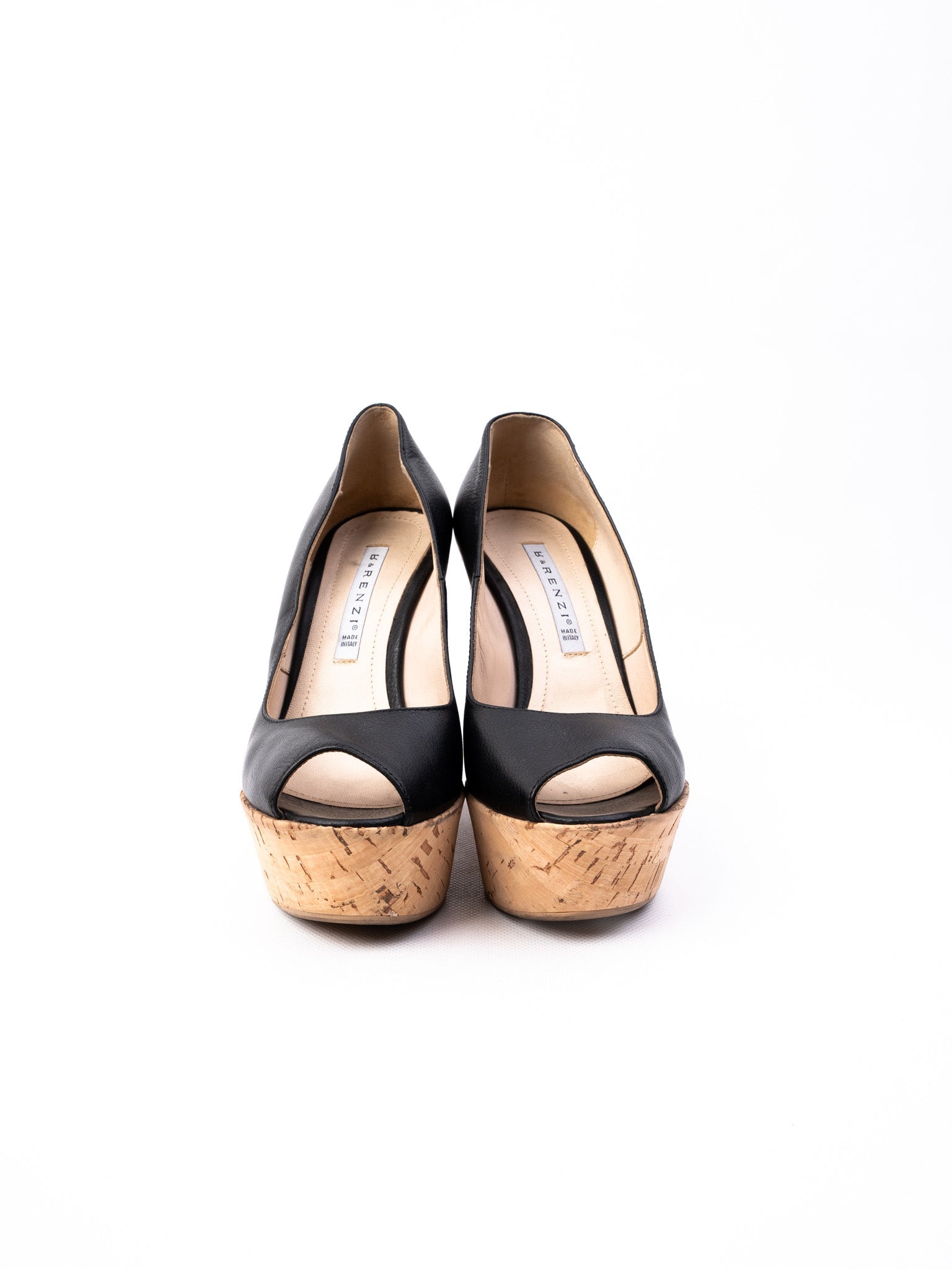 Excellent R&amp;Renzi Black Leather Wedge Shoes Size 36 with Cork Heels