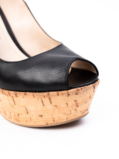 Excellent R&amp;Renzi Black Leather Wedge Shoes Size 36 with Cork Heels