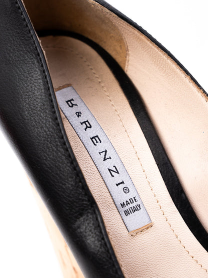 Excellent R&amp;Renzi Black Leather Wedge Shoes Size 36 with Cork Heels