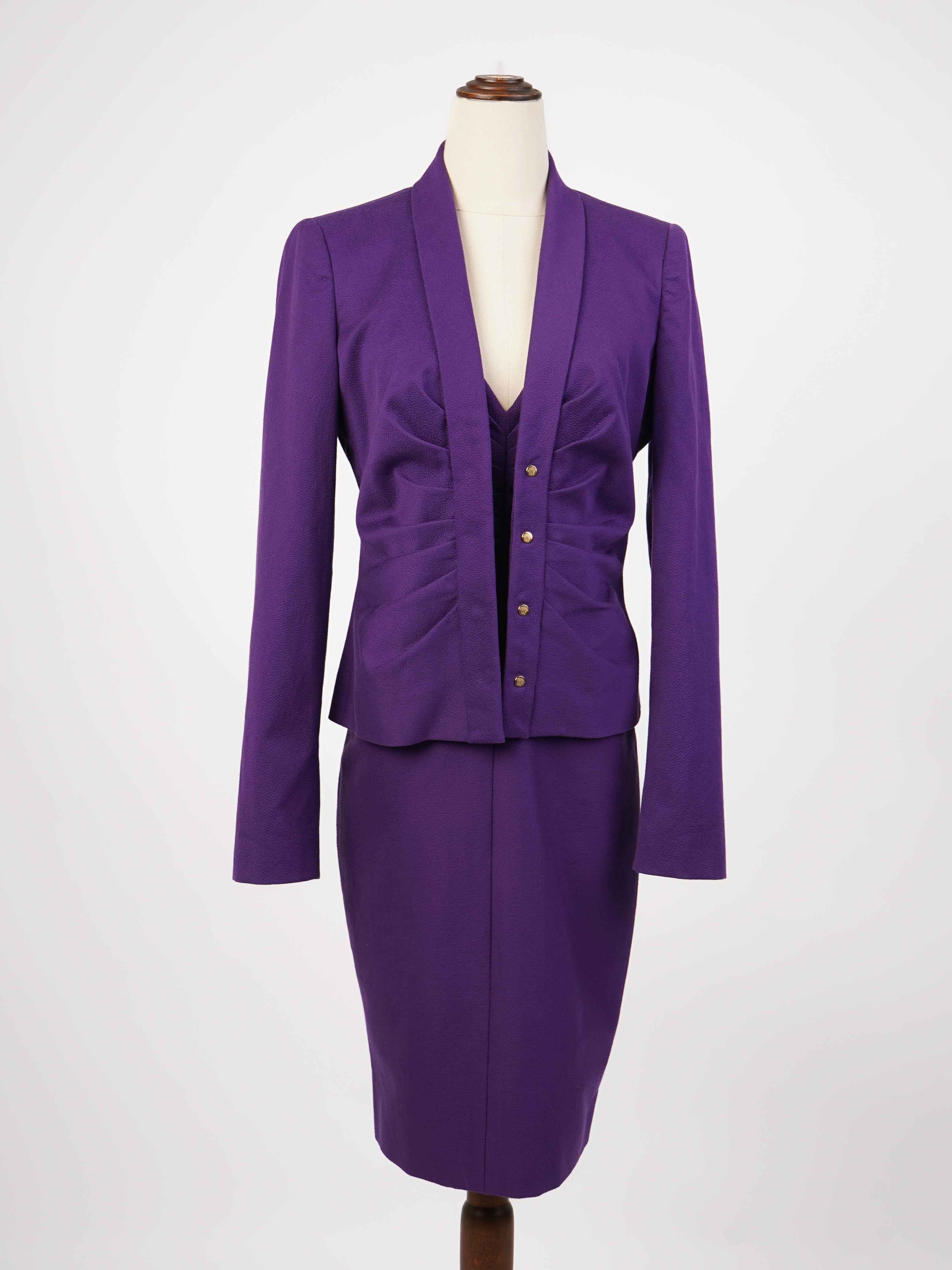 Excellent Versace Women’s Purple Cotton Suit Size M Blazer &amp; Skirt