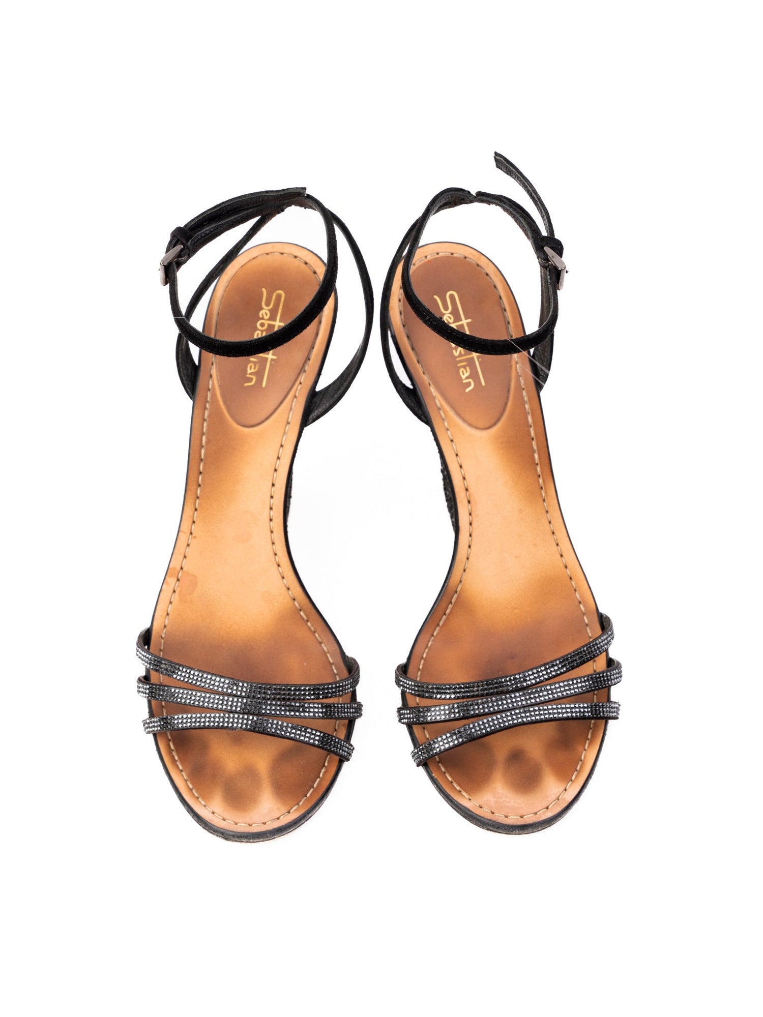 Sebastian Black Leather Wedge Sandals with Glitter Size 37