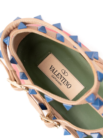 Excellent Valentino Pink Leather Flat Shoes with Blue Studs