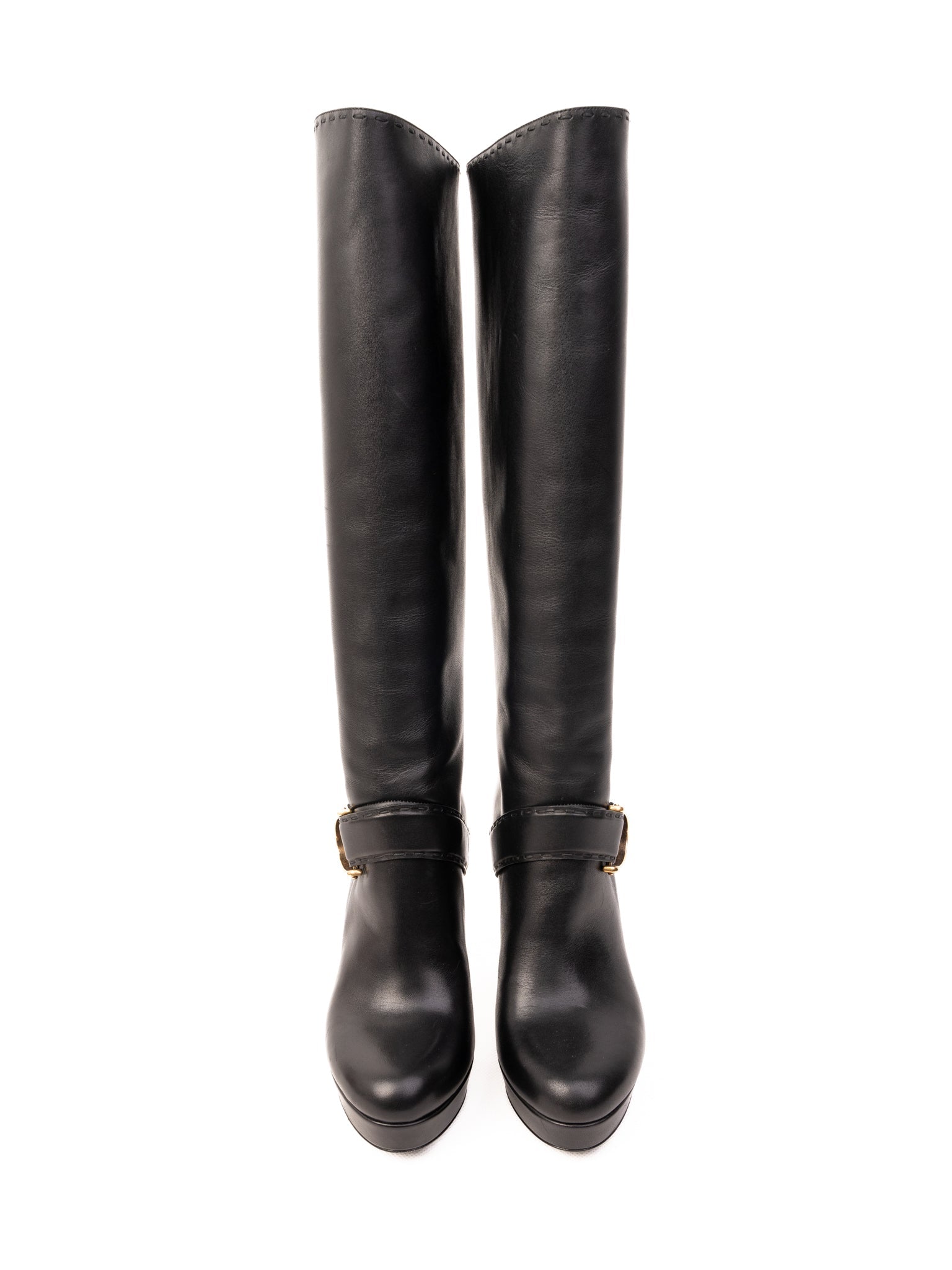 NEW Gucci Black High-Heeled Leather Knee-Length Boots Size 36