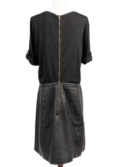 Excellent Burberry Black Silk Dress Size L with Leather Skirt
