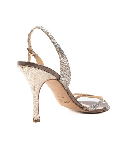 Good Jimmy Choo Gray Fabric High-Heeled Sandals with Glittery Straps