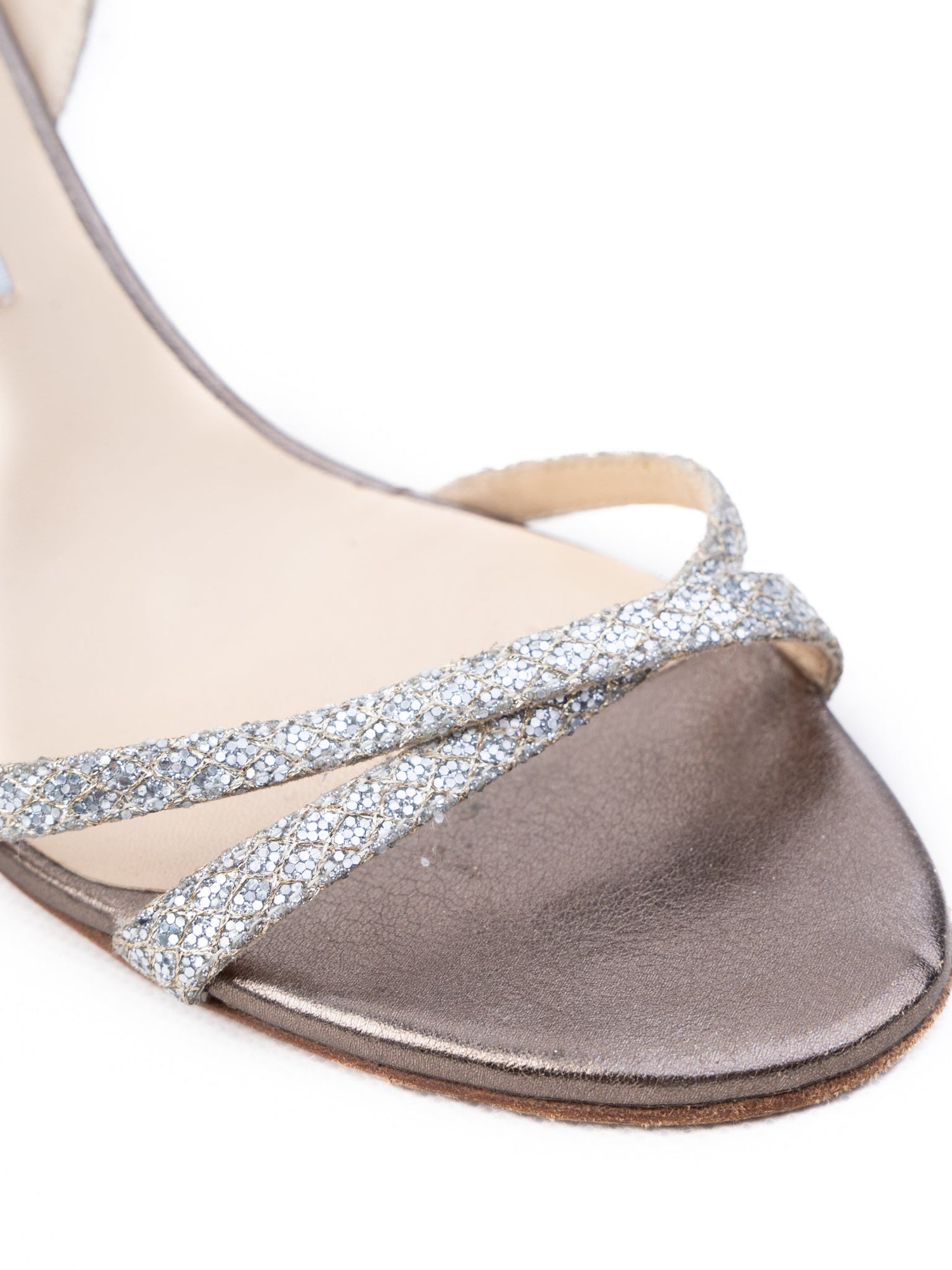 Good Jimmy Choo Gray Fabric High-Heeled Sandals with Glittery Straps