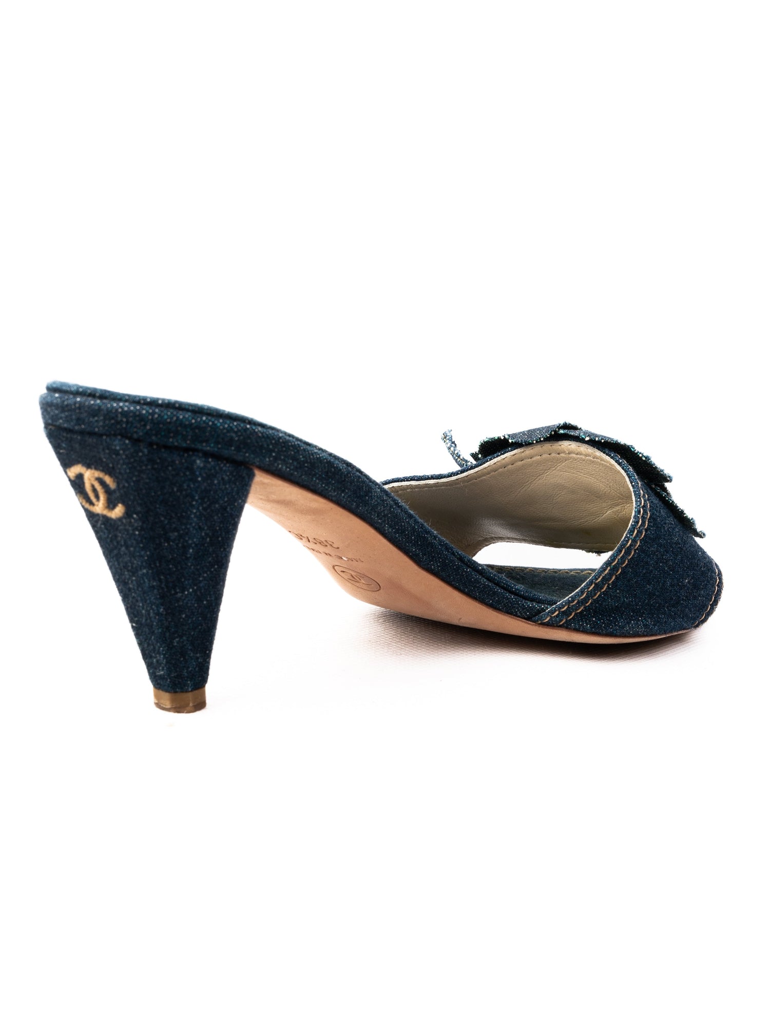 Excellent Chanel Denim High-Heeled Mules Blue Flower Embellishment