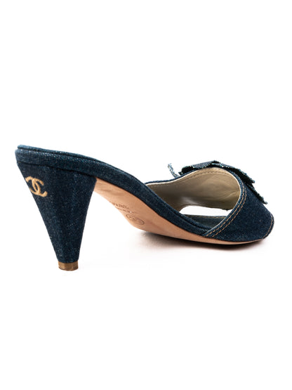 Excellent Chanel Denim High-Heeled Mules Blue Flower Embellishment