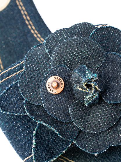 Excellent Chanel Denim High-Heeled Mules Blue Flower Embellishment