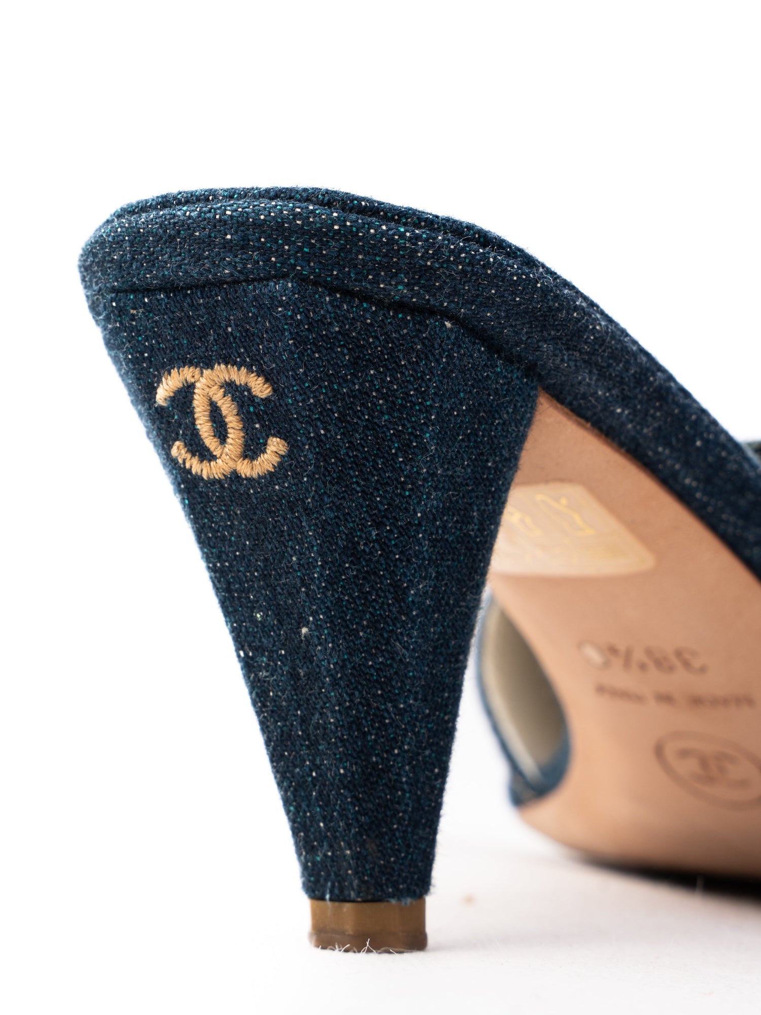 Excellent Chanel Denim High-Heeled Mules Blue Flower Embellishment
