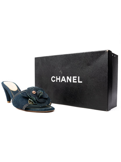 Excellent Chanel Denim High-Heeled Mules Blue Flower Embellishment