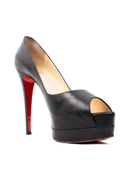 Christian Louboutin Black Leather Open Toe High Heels Size 37.5