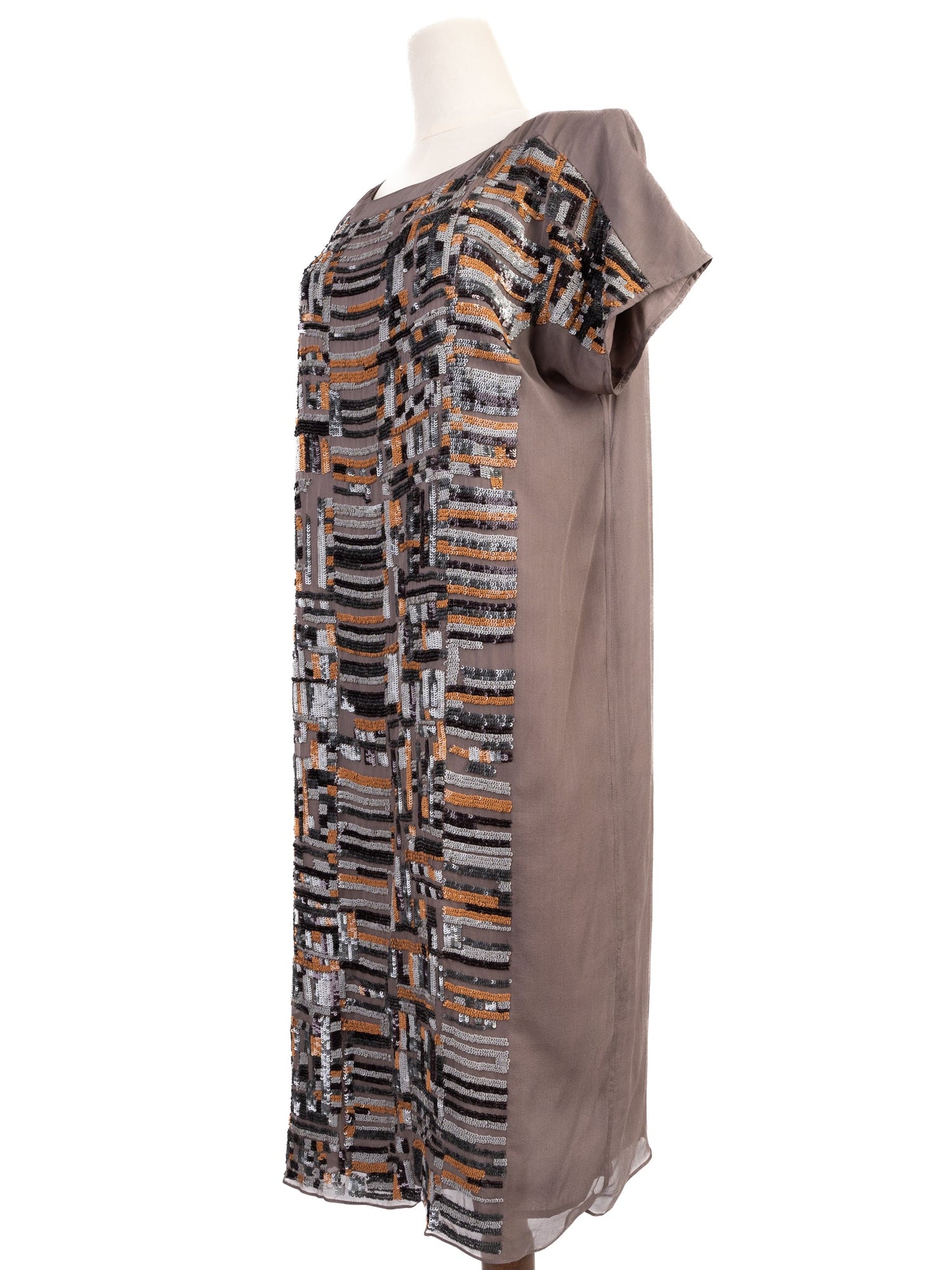 Excellent Nicole Farhi Brown Silk Dress with Sequins Size M