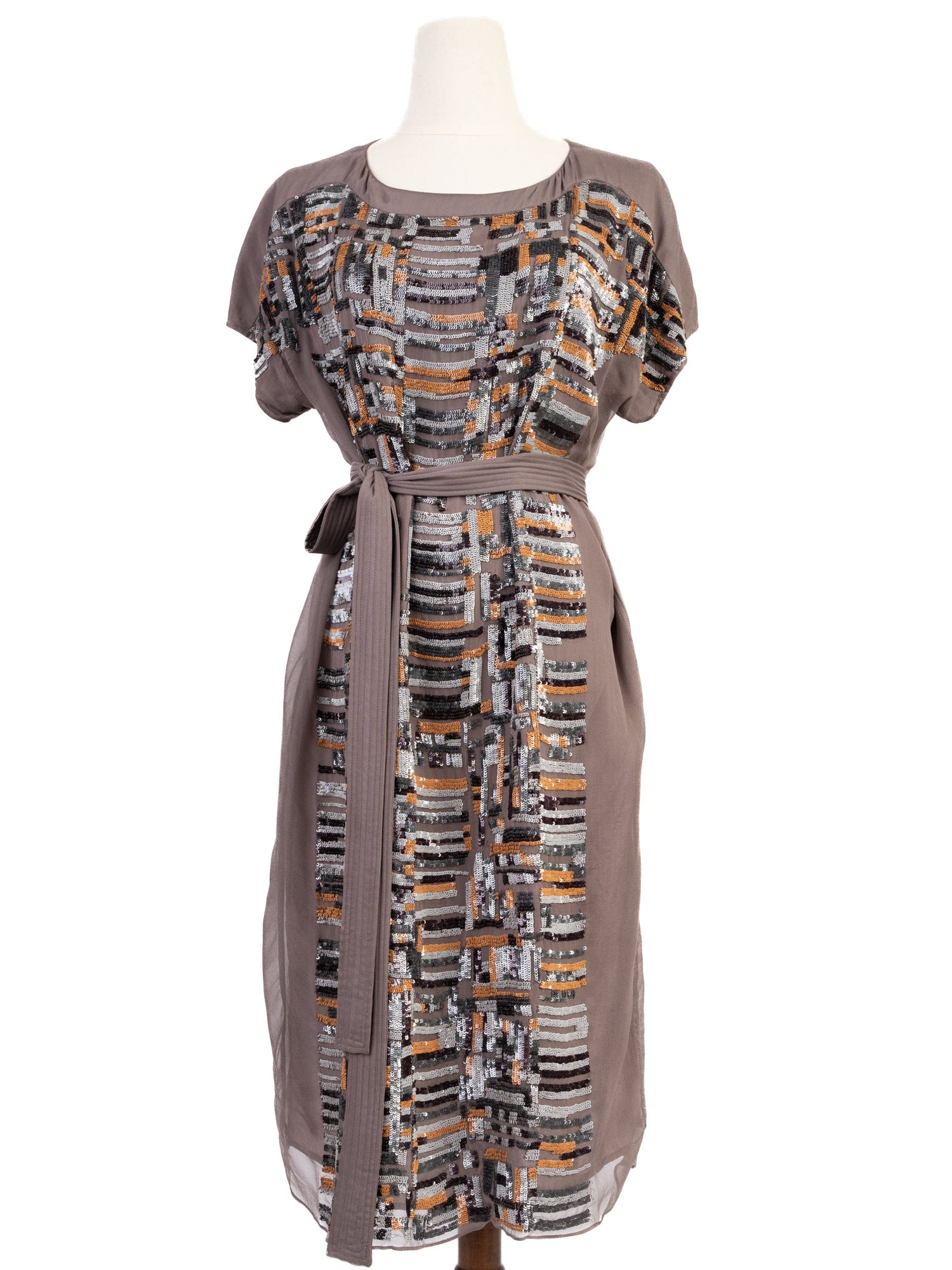 Excellent Nicole Farhi Brown Silk Dress with Sequins Size M