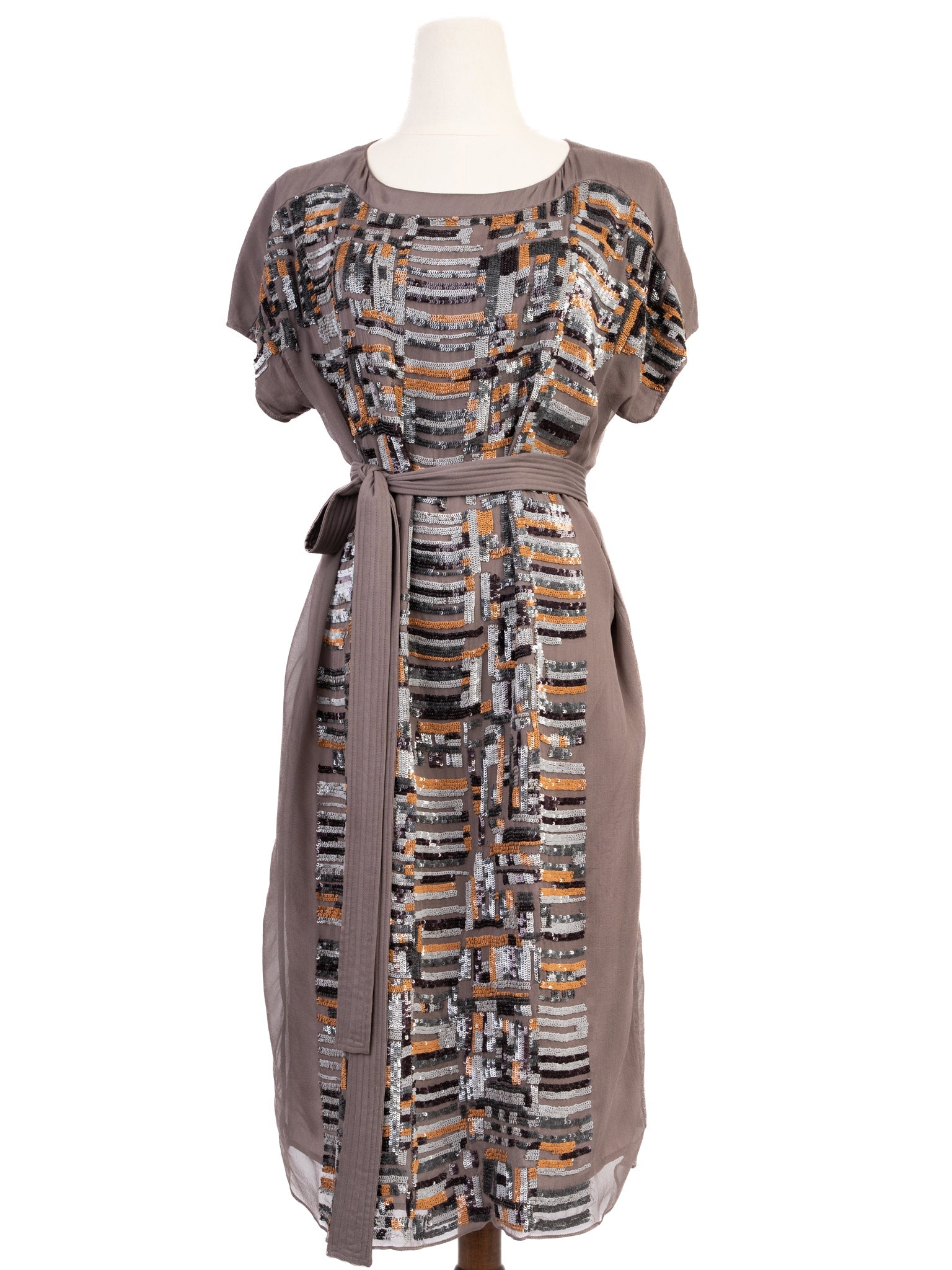 Excellent Nicole Farhi Brown Silk Dress with Sequins Size M