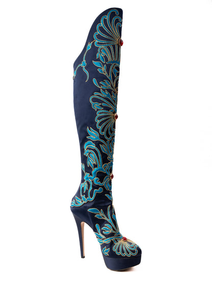 Excellent Charlotte Olympia Over-the-Knee Boots Navy Blue Size 37.5