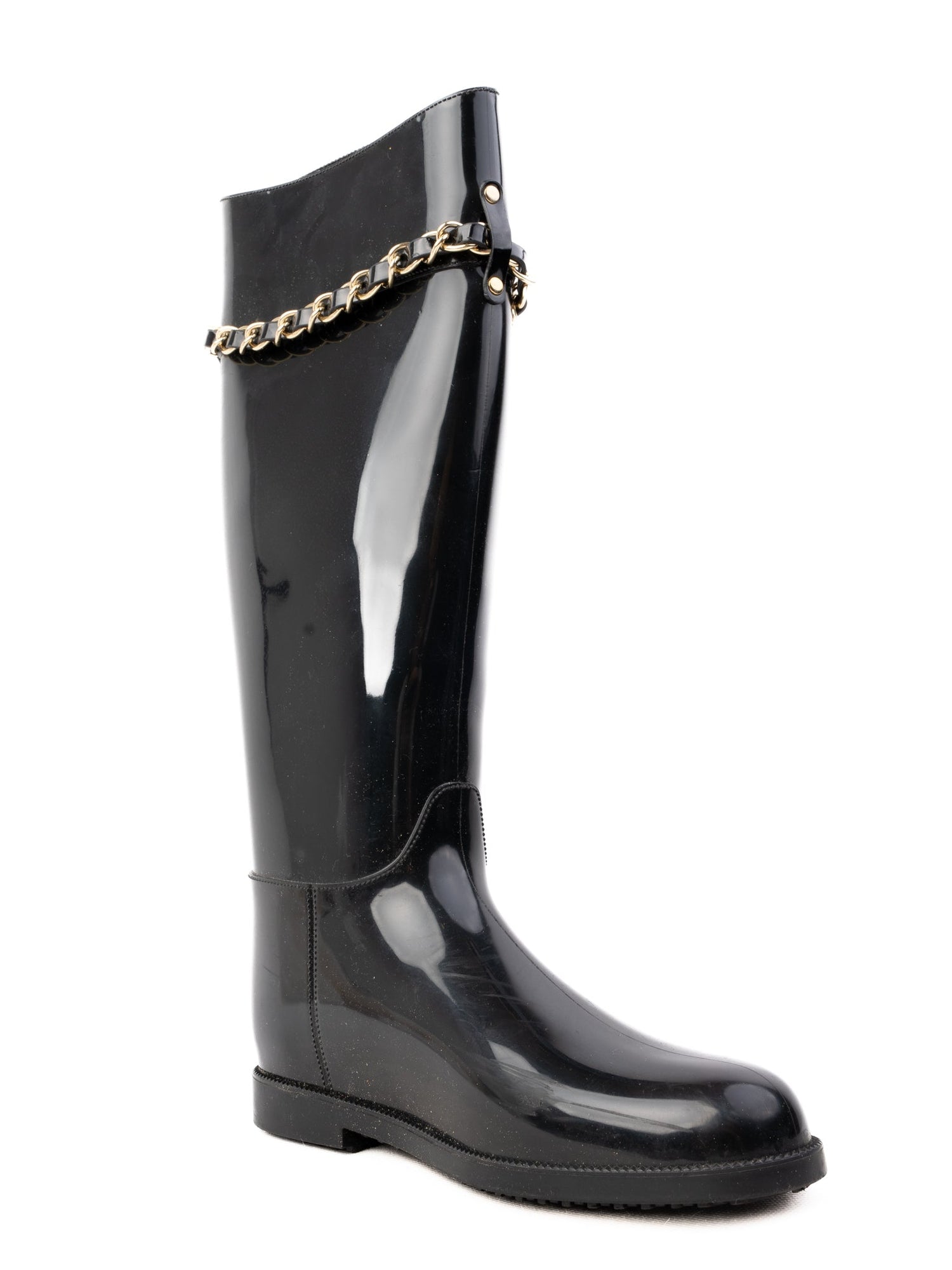 Excellent Love Moschino Black Knee-High Rain Boots with Gold Chain Detail