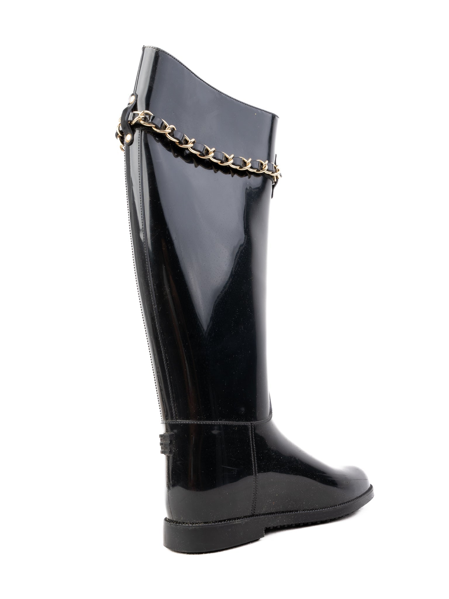 Excellent Love Moschino Black Knee-High Rain Boots with Gold Chain Detail