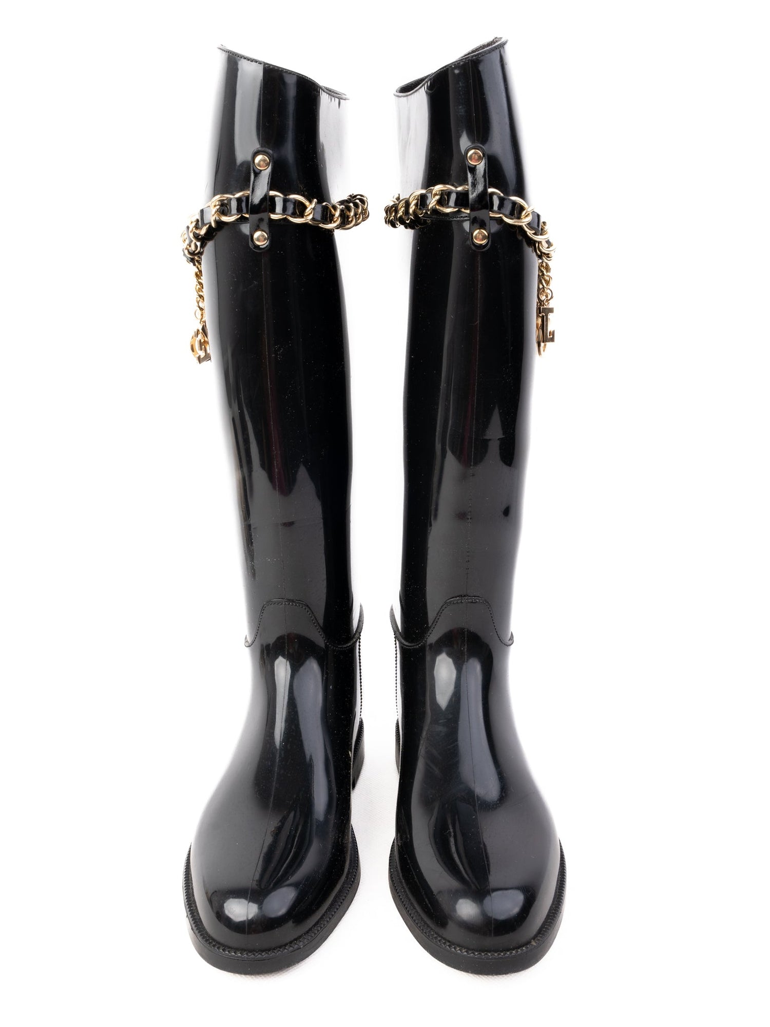 Excellent Love Moschino Black Knee-High Rain Boots with Gold Chain Detail