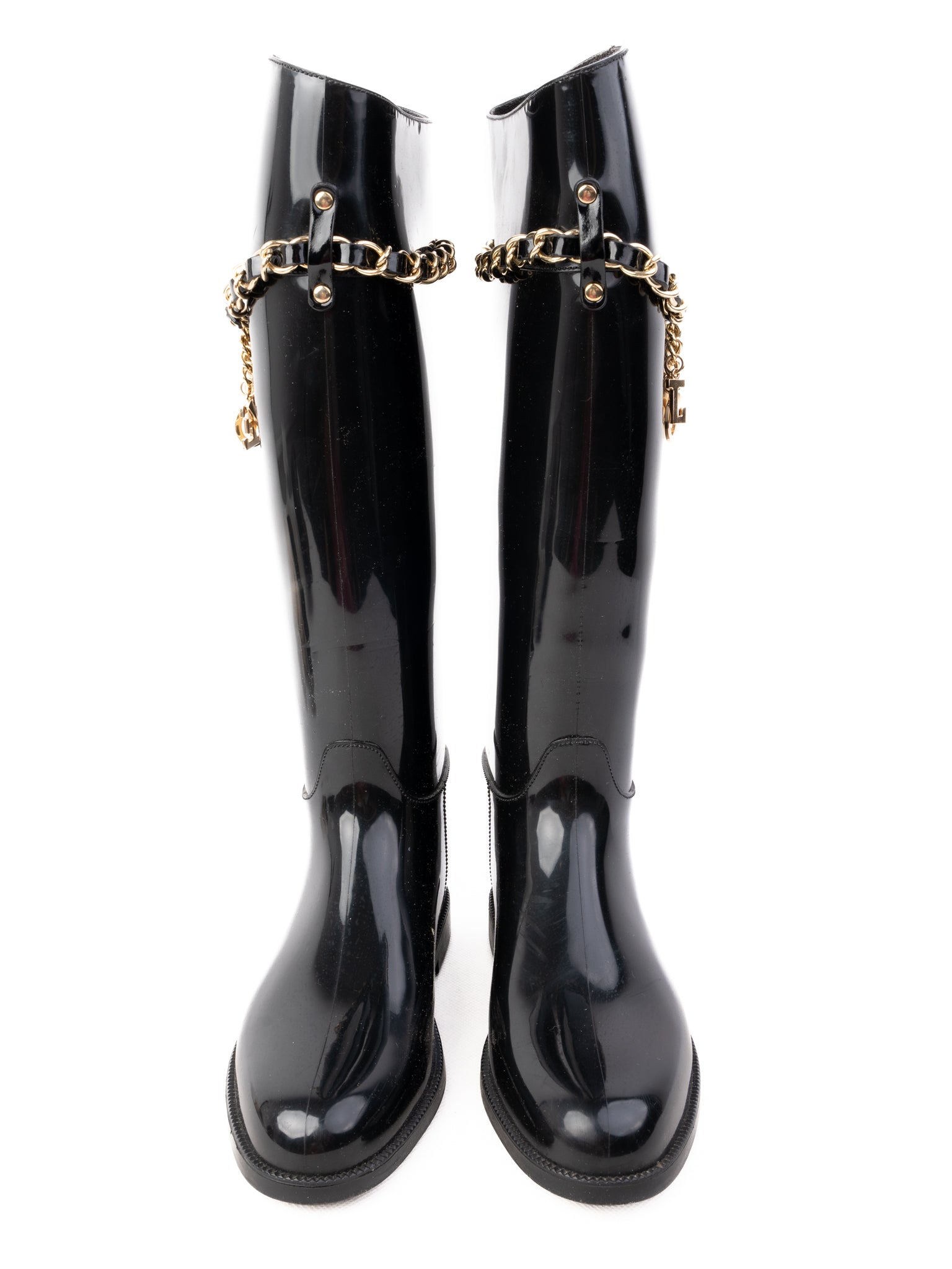 Excellent Love Moschino Black Knee-High Rain Boots with Gold Chain Detail